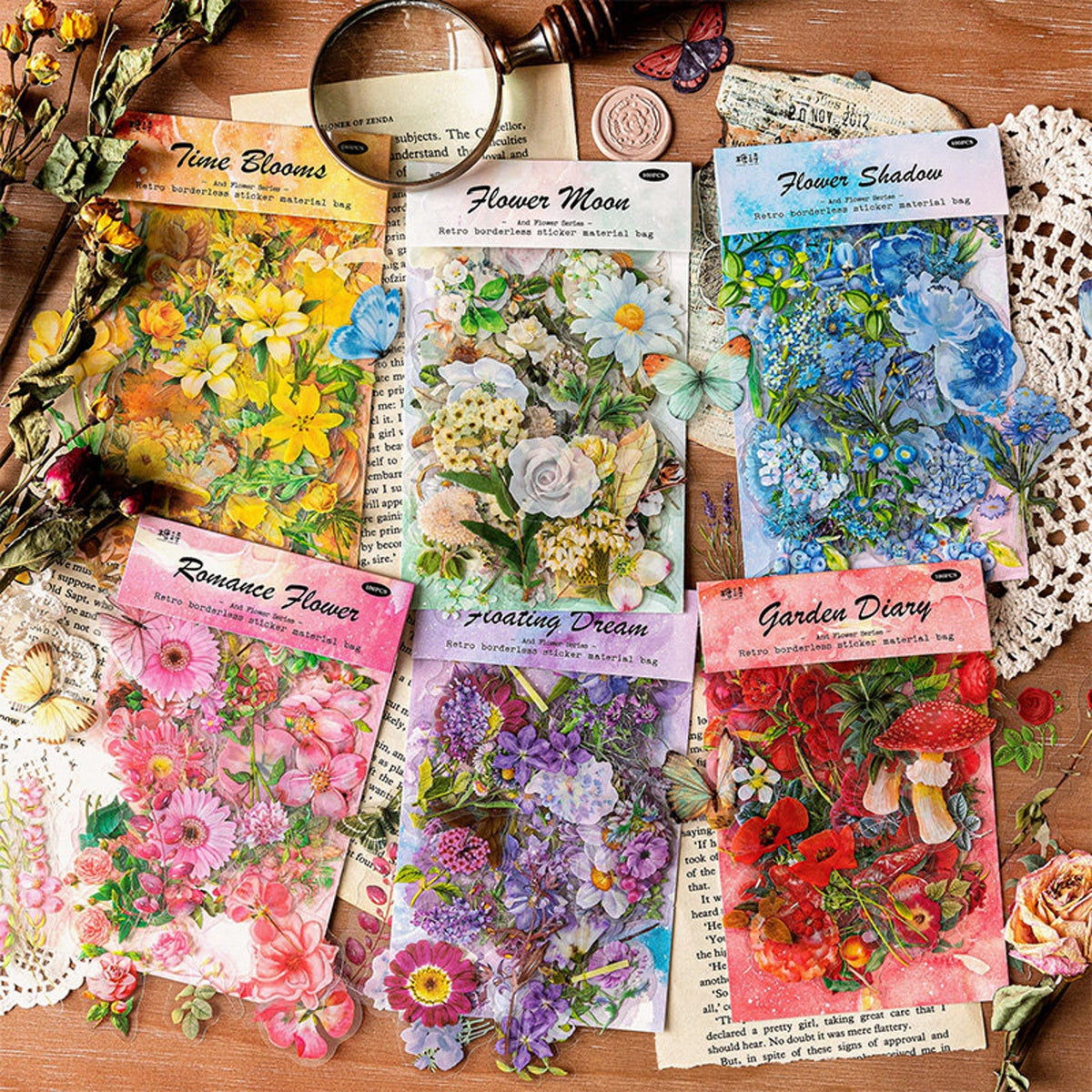 Vintage botanical PET sticker sheets in six floral color themes