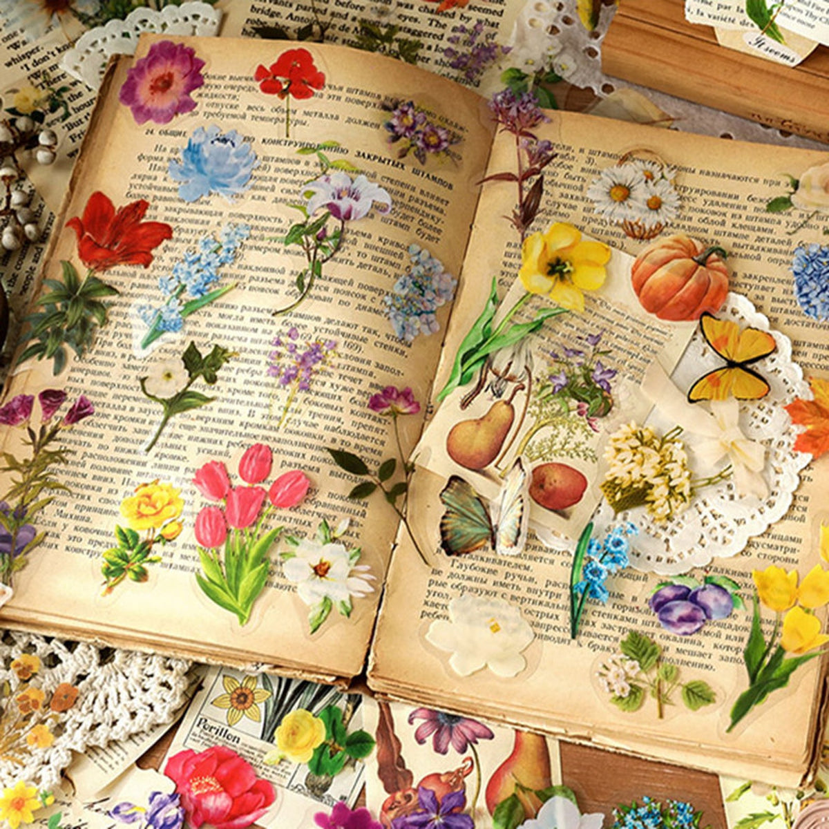 Vintage floral PET stickers arranged in a journal collage