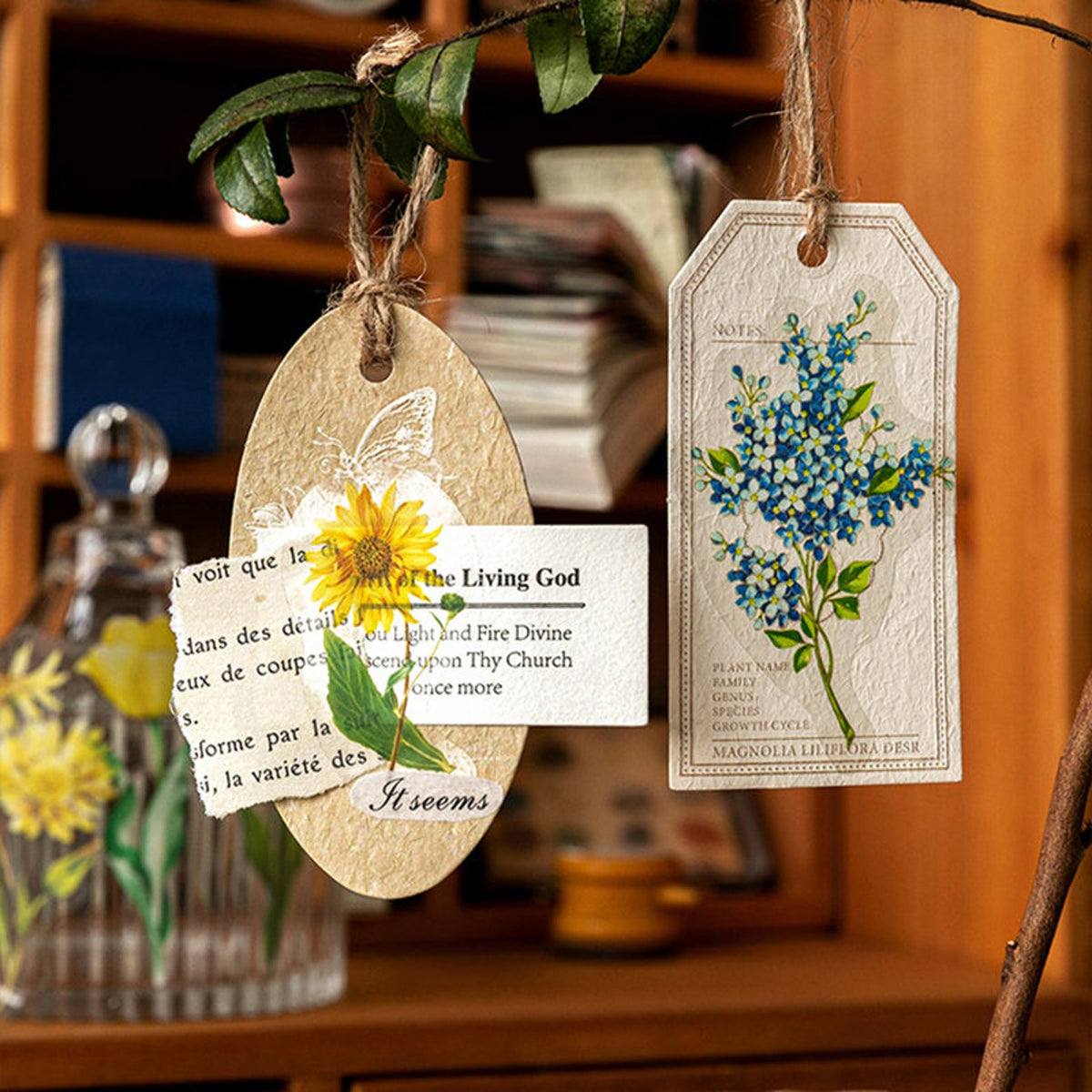 Vintage botanical PET stickers used on decorative tags